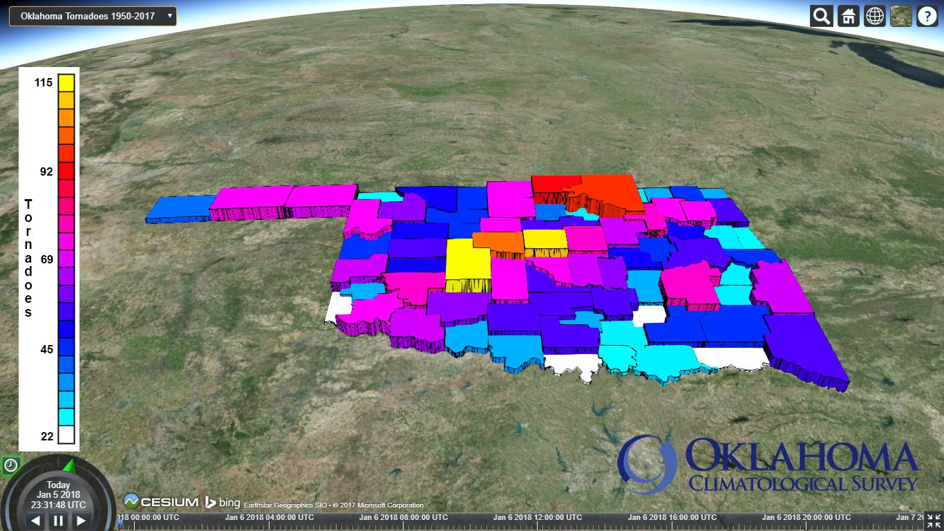 CesiumJS with View of Oklahoma Tornado Totals by County